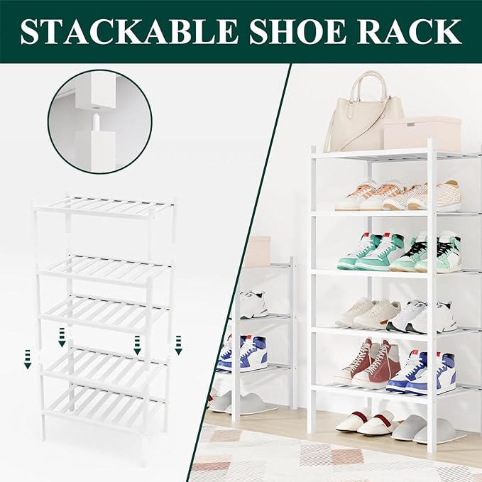 Smiry Small Bamboo Shoe Rack, 2 Tier Free Standing Wooden Shoe Organizer, Stackable Wood Shoe Storage Shelf for Closet, Entryway, 12 Vertical Slats, One-piece Standard Legs, 17.3"x11"x13", White