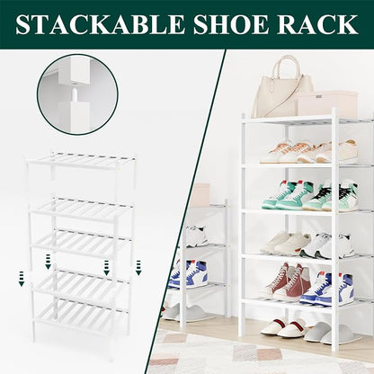 Smiry Small Bamboo Shoe Rack, 5 Tier Free Standing Wooden Shoe Organizer, Stackable Wood Shoe Storage Shelf for Closet, Entryway, 12 Vertical Slats, 2+2+1 Stack Standard Legs, 17.3"x11"x32.5", White