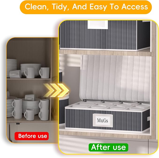 Mug and Cup Storage Box with Dividers - 2 Pack China Storage Bin Containers Holds 24 Glassware, Stackable Coffee Mug Organizer Bin and Tea Cup with 2 Metal Zipper,Label and Handles (Grey)