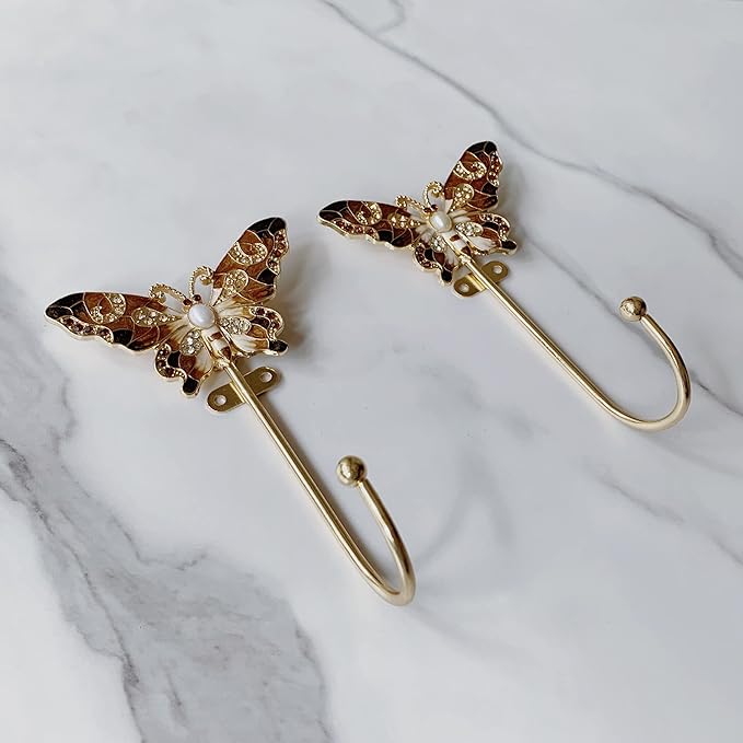 Vintage Butterfly Decorative Wall Hooks Rack Hangers for Hanging Clothes Coats Towels Keys Hats, 2 Pack Antique Metal Mounted Wall Hook