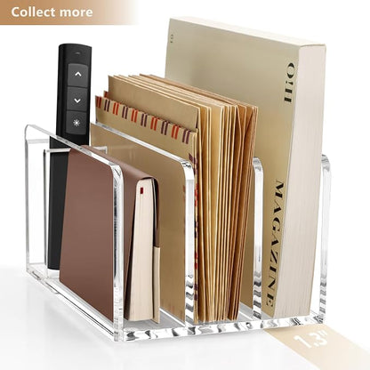 SANRUI Acrylic Mail Sorter Desktop Organizer with Pen Holder, 3 Compartments Clear Small File Script Letter Document Storage for Desk Bill Filling Envelope Holder Office, Home, School Organization