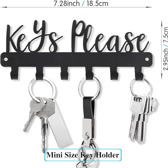 Mini Keys Please Holder on Wall,Small Key Holder Wall Mounted,Black Metal Decorative Key Rack Hooks for Garage,Mudroom,Hallway,Entryway,Front Door,Office(Mini Size:7.28 x 2.95 inch)