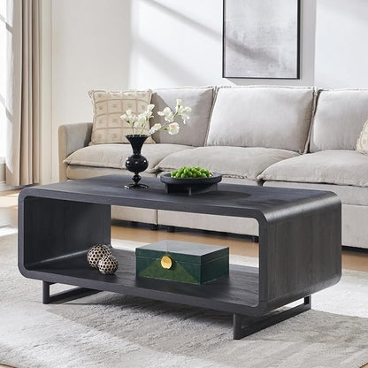 IFGET 48" Modern Coffee Table, 2-Tier Minimalist Center Table with Storage Shelf, Curved Profile Design, Wooden Rectangular Living Room Table w/Wood Thick Design for Living Room, Office, Dark Grey