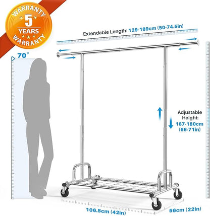 HOKEEPER Clothing Garment Rack Capacity 525LBS Clothing Racks on Wheels Rolling Clothes Rack for Hanging Clothes Heavy Duty Collapsible Commercial