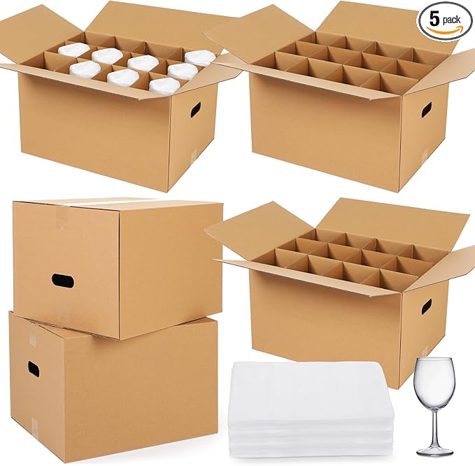 5 Sets Glass Packing Kit for Glasses and Stemware Includes Kitchen Moving Boxes Cell Divider Unit Foam Pouches Glass Packing Boxes for Moving Glasses Wine Dish (20 x 15 x 12 Inch)