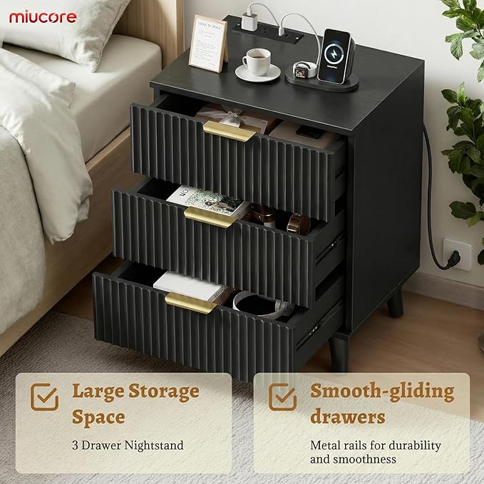 Black Nightstand, 20 inch Fluted Modern Night Stand with Charging Station, Wooden Side Table with 3 Large Storage Drawers Modern Wood Bedside End Table for Bedroom Sofa Office