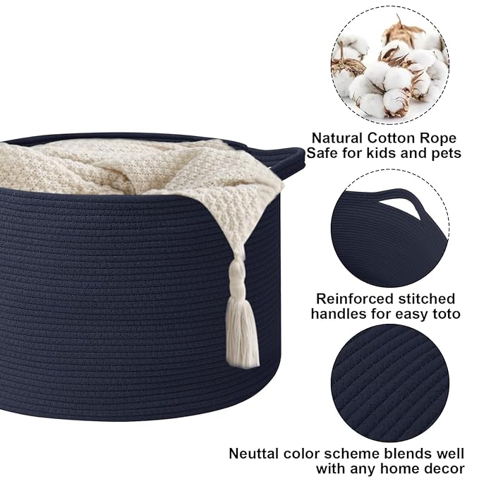 90L Extra Large Blanket Basket,Woven Rope Laundry Basket Hamper with Handles, Decorative Nursery Basket Storage Bin for Toys, Clothes Organizer, Living Room, Bedroom, Bathroom, Dark Blue