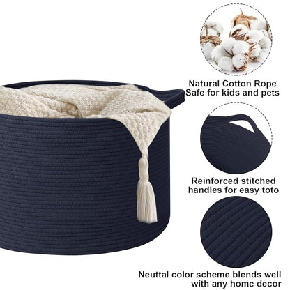 90L Extra Large Blanket Basket,Woven Rope Laundry Basket Hamper with Handles, Decorative Nursery Basket Storage Bin for Toys, Clothes Organizer, Living Room, Bedroom, Bathroom, Dark Blue