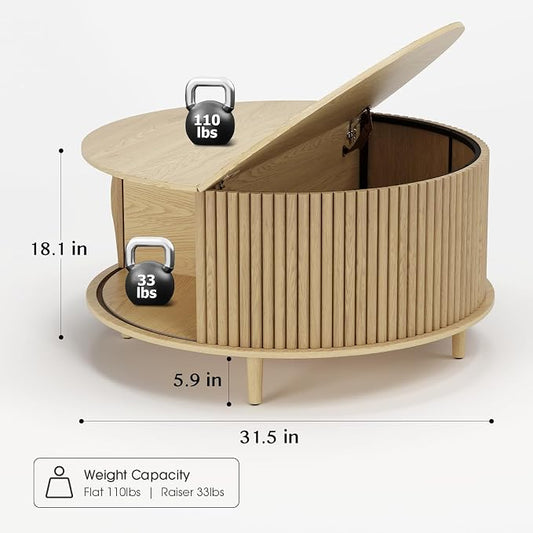 Round Coffee Table with Storage, 31.5" Mid Century Modern Coffee Table with Sliding Door & Solid Wood Legs, Minimalist Fluted Center Table for Living Room, Home Small Space, Oak
