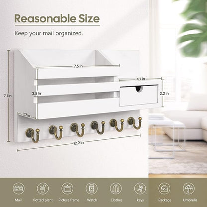 FifthQuarter Key Holder Wall Mount: Key and Mail Holder for Wall with 6 Hooks and Storage Drawer, Easy Installation Key Rack for Entryway Home Decor (A-White)