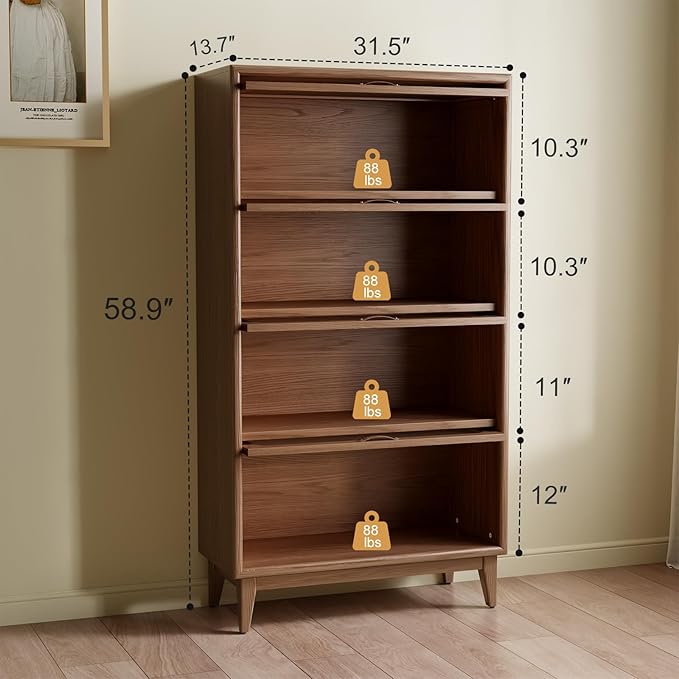 Solid Wood Bookcase 4 Tier With Tempered Glass Doors 60 Inch, Kitchen Pantry Display Cabinet, Brown Finish Cube Storage Organizer, Bookshelf Versatile Storage With For Home Office(No Light Strip)
