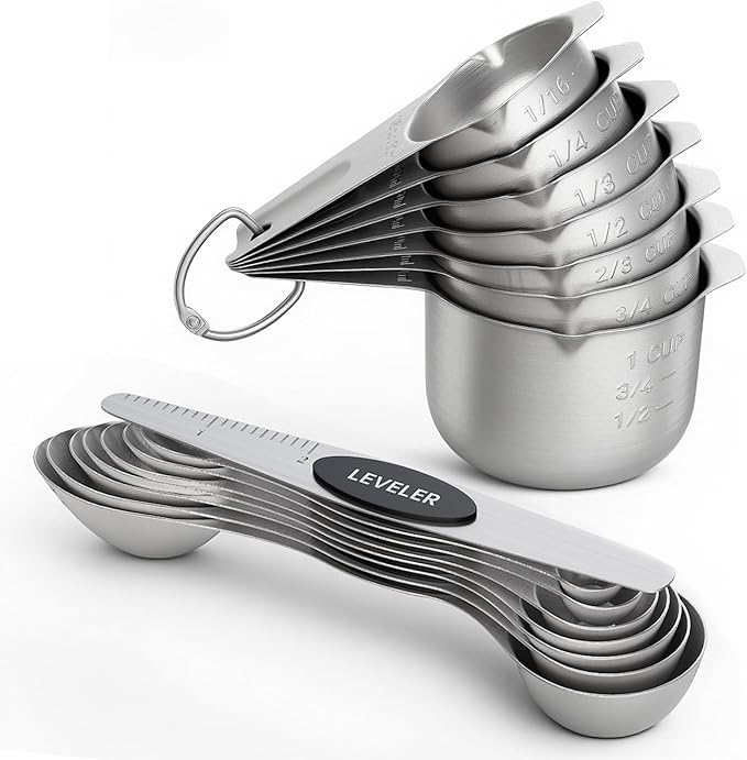 ChefAide Measuring Cups and Spoons Set, 304 Stainless Steel Measuring Cups Set of 7,8 Magnetic Stainless Steel Measuring Spoons & 1 Leveler for for Measure Dry and Liquid Ingredients