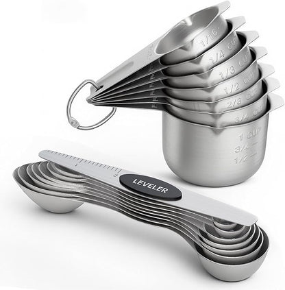 ChefAide Measuring Cups and Spoons Set, 304 Stainless Steel Measuring Cups Set of 7,8 Magnetic Stainless Steel Measuring Spoons & 1 Leveler for for Measure Dry and Liquid Ingredients