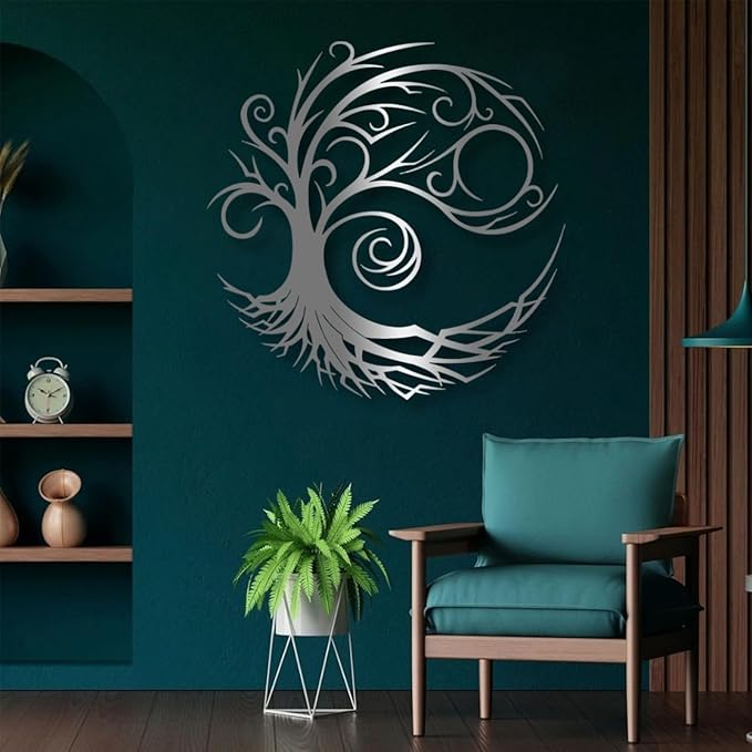 Yemwot Metal Tree of Life Wall Decor, Circle of Life Metal Tree Wall Art, Spiritual Sign, Modern Sculpture Decoration, Living Room Bedroom Decor (Sliver, 18"x 18"| 47x47cm)