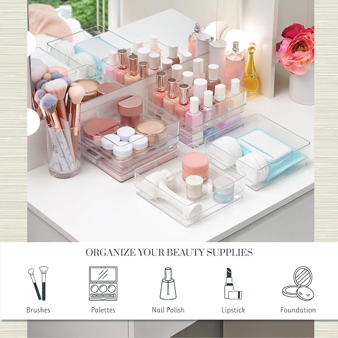 STORi SimpleSort 6-Piece Stackable Clear Drawer Organizer Set | 6" x 6" x 2" Square Trays | Small Makeup Vanity Storage Bins and Office Desk Drawer Dividers | Made in USA