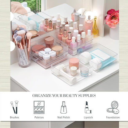 STORi SimpleSort 6-Piece Stackable Clear Drawer Organizer Set | 6" x 6" x 2" Square Trays | Small Makeup Vanity Storage Bins and Office Desk Drawer Dividers | Made in USA