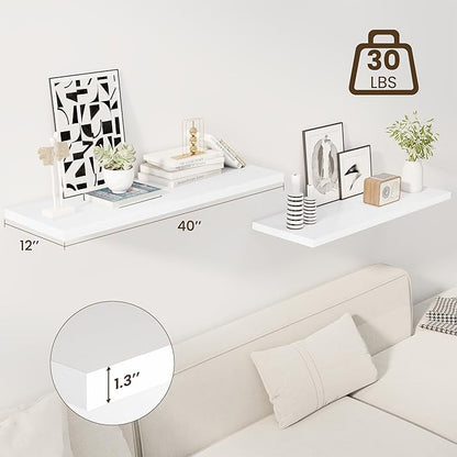 Dreamland 40" Floating Shelves for Wall, 12" Deep Slim White Floating Shelves, Wall-Mounted Shelves for Bedroom, Living Room, Kitchen, Bathroom - Set of 2