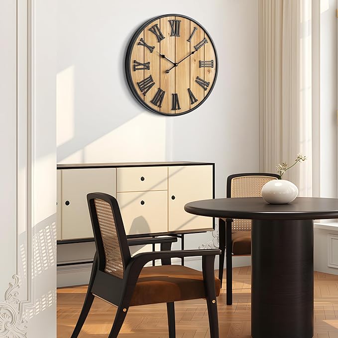 Large Wall Clock 30IN, Silent Metal Wood Style Wall Clocks Battery Operated for Living Room Decor, Farmhouse Big Wall Clock, Outdoor