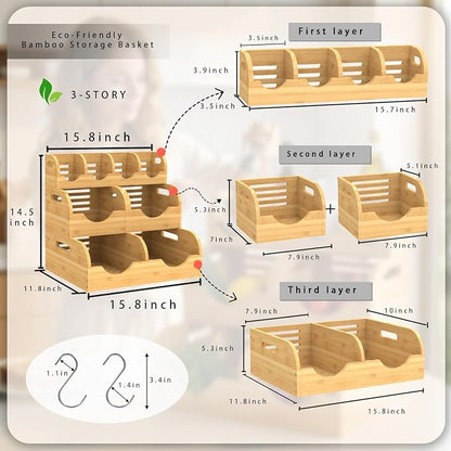 Upgraded 3 Tier Bamboo Pantry Storage Bins,Large potato storage With 2 Banana Hangers,Stackable Potato and Onion Storage Bin with Airflow Vent, Pantry Baskets, Vegetable Storage,for Kitchen Countertop