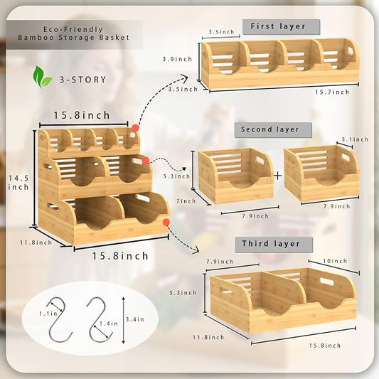 Upgraded 3 Tier Bamboo Pantry Storage Bins,Large potato storage With 2 Banana Hangers,Stackable Potato and Onion Storage Bin with Airflow Vent, Pantry Baskets, Vegetable Storage,for Kitchen Countertop