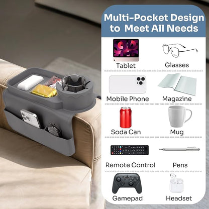 Silicone Couch Caddy for Wide Arms (6-12") with Cup Holder & Deep Sofa Remote Pockets - Anti-Slip Couch Arm Tray Table for Drinks, Phone, Snacks - Living Room Organizer (Gray)