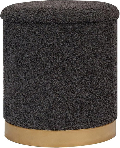 B FSOBEIIALEO Ottoman with Stroage, Round Boucle Storage Ottoman with Gold Plating Base,Foot Rest Stool for Dorm Room, Living Room Dark Grey, 14.76"x14.76"x16.34"