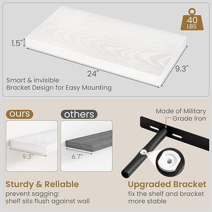 Fun Memories White Floating Shelves 24 Inch Long, 9.3 Inch Deep Floating Shelf for Lving Room, Bedoom, Kitchen, Deep Wall Shelves for Bathroom, 2 Pack Storage Display Shelf for Books, Decors