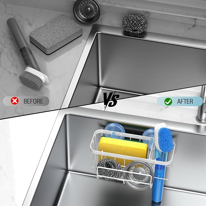 HOKEMOM Kitchen Sink Caddy Organizer with Sponge Holder & Multifunctional Hooks - Dual Suction Cups (18.5lb Hold), 2.0mm Stainless Steel White Rust-Proof, Non-Slip, 7.09" x 4.33" x 2.76"