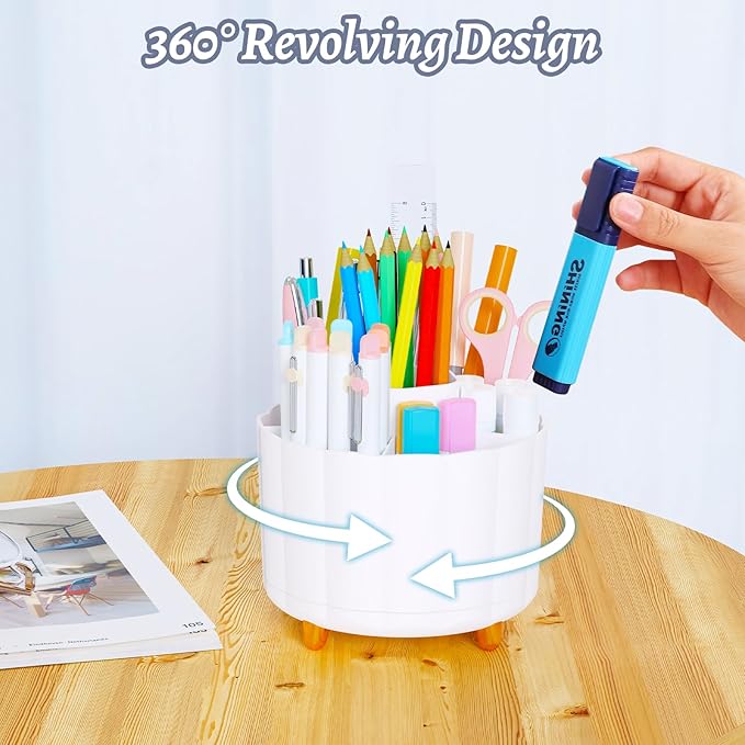 Pencil Holder for Desk 360 Rotating, Pen Holder for Desk or Classroom, Pencil Cup & Pen Organizer, Rotating Caddy, Makeup Brush Holders with 6 Slots, White