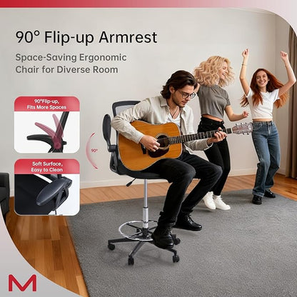 Drafting Chair,Tall Office Chair with Lumbar Support,Ergonomic Tall Desk Chair with Flip Up Armrests,Standing Desk Chair withAdjustable Footrest Ring,High Office Chair