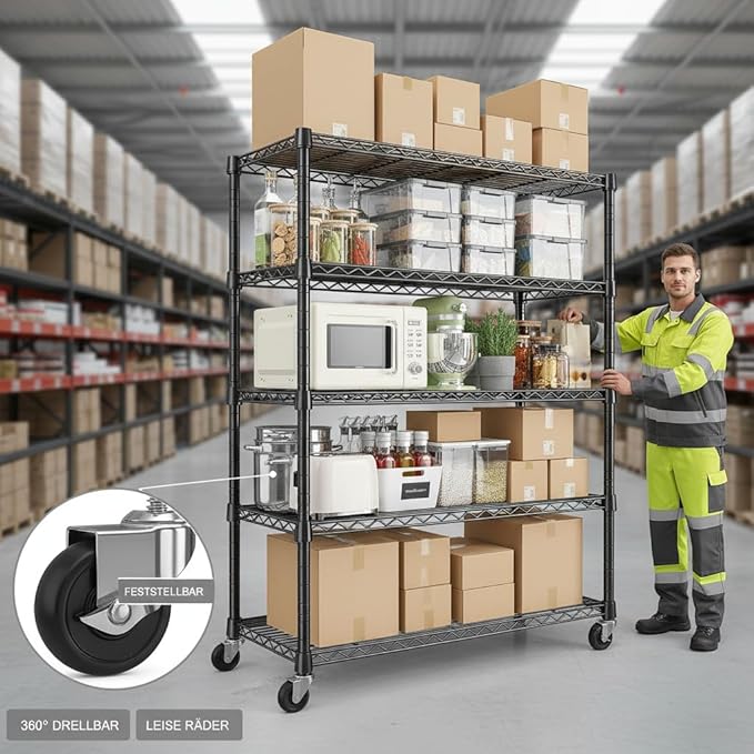 REIBII 1984LBS Storage Shelves with Wheels 75.2"H Wire Shelving Unit, Metal Shelving with Wheels & Feet, 5 Tier Adjustable Metal Dorm Storage Shelves for Pantry Kitchen Garage, 75.2"H x 35.5"W x 16"D