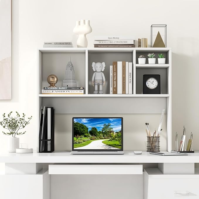 Desk Hutch, Desktop Shelf with 4 Shelves, Desk Bookshelf w/Anti-Toppling Devices, Wood Table Top Bookshelf Organizer, Small Desk Shelf for Study, Office, Dorm (White, 4 Shelves)