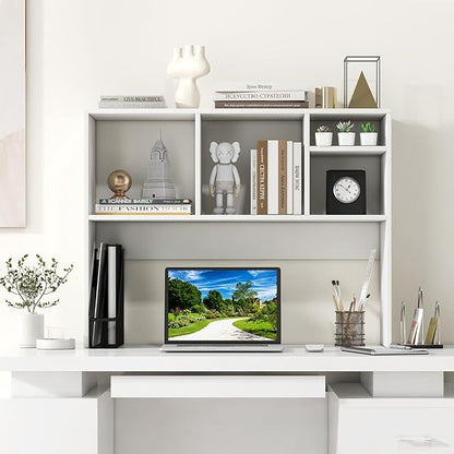 Desk Hutch, Desktop Shelf with 4 Shelves, Desk Bookshelf w/Anti-Toppling Devices, Wood Table Top Bookshelf Organizer, Small Desk Shelf for Study, Office, Dorm (White, 4 Shelves)