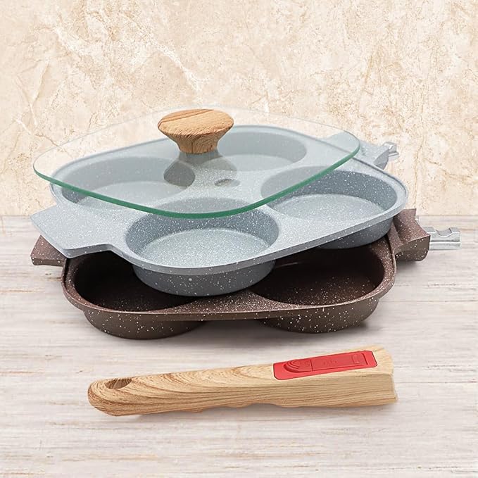 Ceramic Egg Frying Pan with Lid, Nonstick 4 Cup Fried Egg Pan with Detachable Handle, Omelette Pan Induction Compatible - Brown