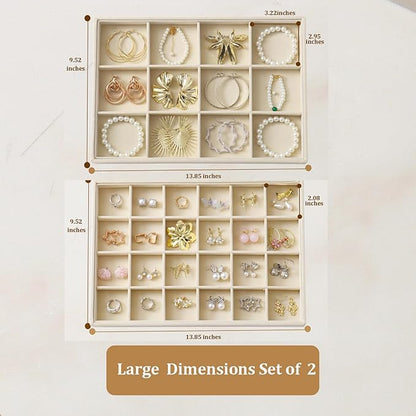Large Velvet Jewelry Tray 2 Pack Stackable Jewelry Display Drawer Inserts Trays Organizer for Earring Bracelet Necklace Ring (Beige, 12 Grids+24 Grids)