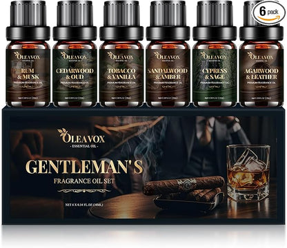 Men Essential Oils Gift Set, Premium Fragrance Oil for Diffusers for Home, Candle & Soap Scents,Agarwood & Leather,Tobacco & Vanilla, Sandalwood & Amber, Cypress & Sage, Rum & Musk,Cedarwood & Oud