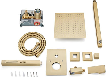 Shower Faucet Set Rainfall Shower System with Square Showerhead and Handle Set Fixture with 2 in 1 Function Handheld Sprayer Wall Mounted Trim Repair Kit Rough-in Valve 8 Inch Brushed Gold