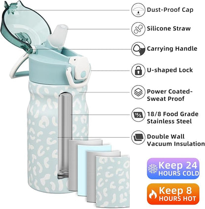BJPKPK Water Bottle with Straw 14oz Insulated Water Bottles Reusable Stainless Steel Metal Thermal Flask with Leak Proof Lockable Lid and Carry Handle,Light Blue Leopard