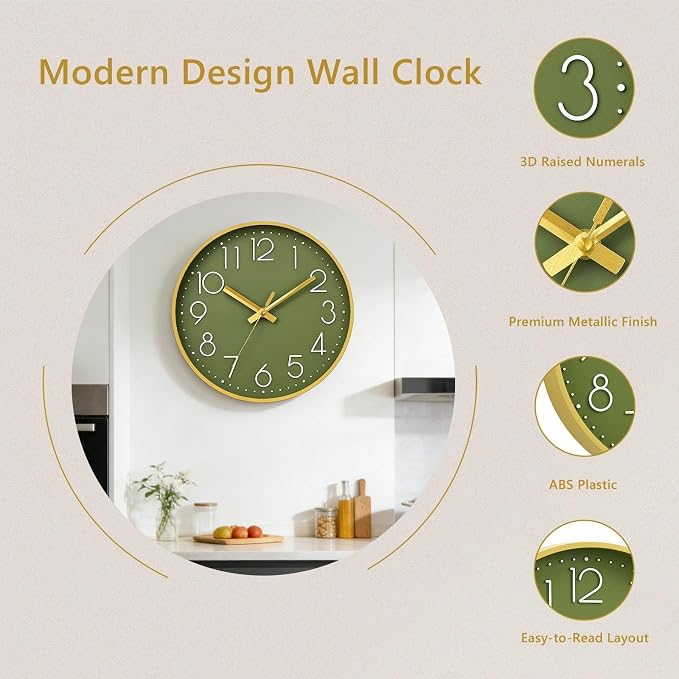 DAXSMY Wall Clock - 10 Inch Silent Non-Ticking Modern 3D Wall Clocks Battery Operated - Decorative Clock for Kitchen, Home Office, Bathroom, Bedroom(Green)