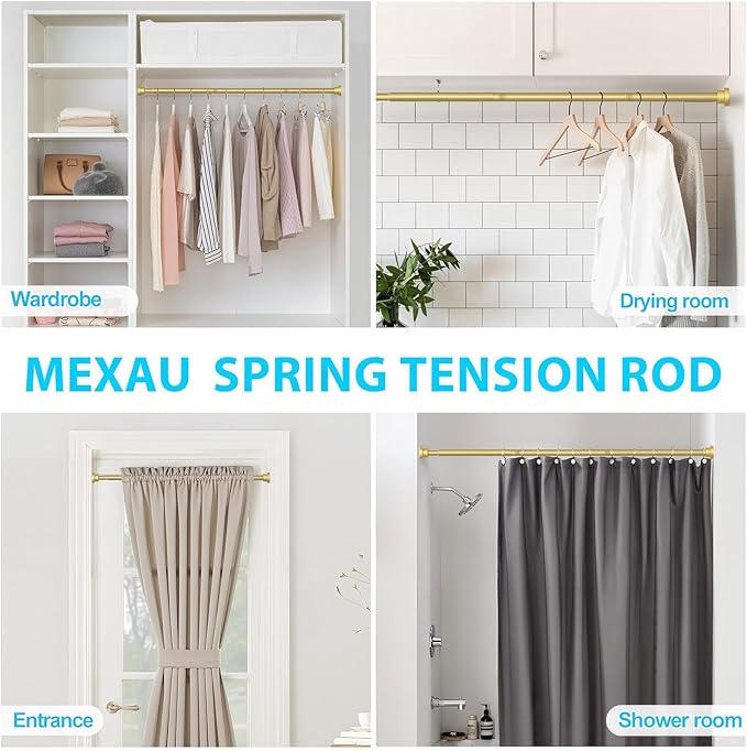 MEXAU 2 Pack Tension Curtain Rod For Window 28-48 Inches Adjustable Expandable Gold Spring Tension Rod Spring Curtain Rods No Drilling Extension Rods Tension Rod for Closet Doorway Kitchen