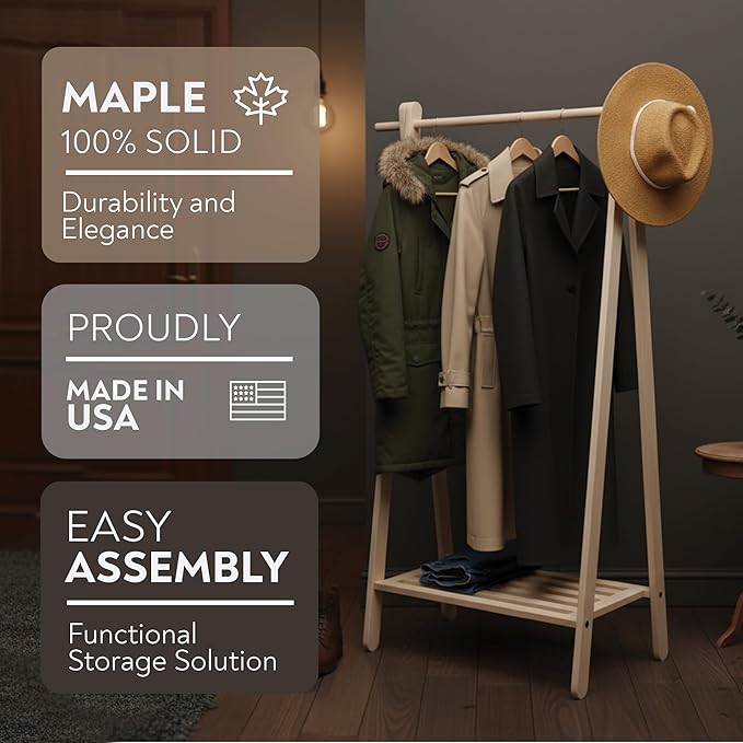 Pennsylvania Woodworks Handcrafted Maple Garment Rack - Sleek & Stylish Clothing Storage, Home Organization, Boutique Display, Coat Rack, Laundry Room Decor - Made in the USA (Medium)