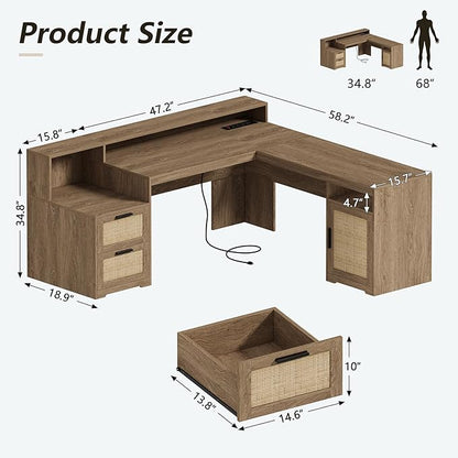 63" Farmhouse L Shaped Executive Desk with Drawers & Storage Shelf, Corner Rattan Computer Desk with Power Outlets, L Shaped Office Desk with Monitor Stand, Printer Shelf