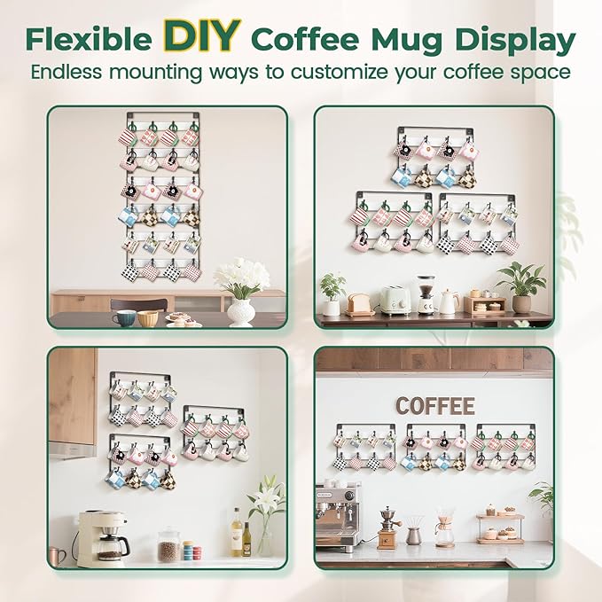 EsLuker.ly Mug Holder Hanger Rack Wall Mounted Wooden 3 Pack Coffee Cup Storage Organizer Display Shelf with 24 Movable Plastic Hooks, Ideal for Mug Collectors, White-Black