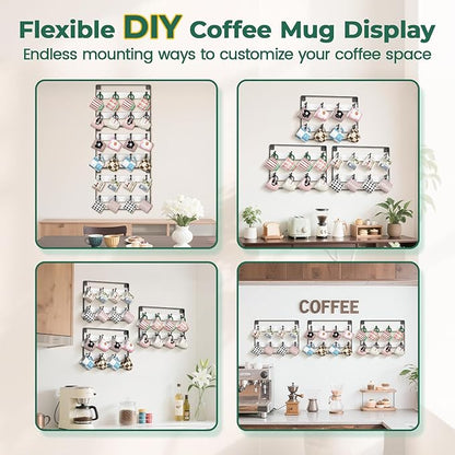 EsLuker.ly Mug Holder Hanger Rack Wall Mounted Wooden 3 Pack Coffee Cup Storage Organizer Display Shelf with 24 Movable Plastic Hooks, Ideal for Mug Collectors, White-Black