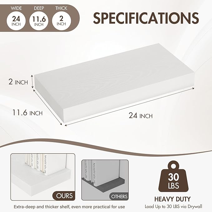 Acovy 24 Inch Floating Shelves, 12" Deep Floating Shelf Wall Mounted, 24" Wall Shelves, Rustic Deep Bookshelf, Extra Deeper & Thicker Display Shelves for Bedroom, Living Room, White, Set of 2
