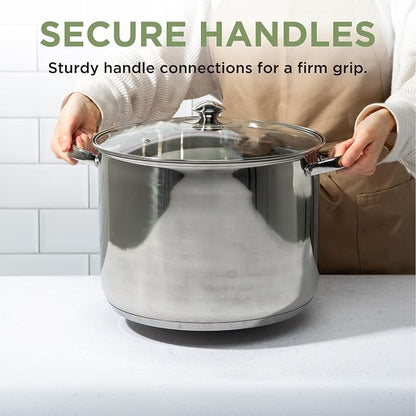 Ecolution Pure Intentions Stock Pot - Features Tempered Glass Lid, Keep Cool Handle, and Encapsulated Bottom - Oven Safe - Curbside Recyclable Stainless Steel - 16 Quarts
