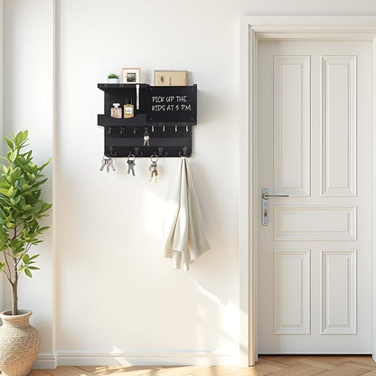 Key Holder for Wall Mount with Shelf and Mail Organizer, Key and Mail Holder with 16 Hooks, Farmhouse Entryway Organizer, Home Decor Rack (Pine Wood, Black)