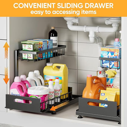 Under Sink Organizer Storage 2-Tier Premium Metal Pull-Out Kitchen Cabinet Organizer with Sliding Drawer, Height Adjustable, Heavy Duty for Kitchen & Bathroom Organizers 1 Pack Black