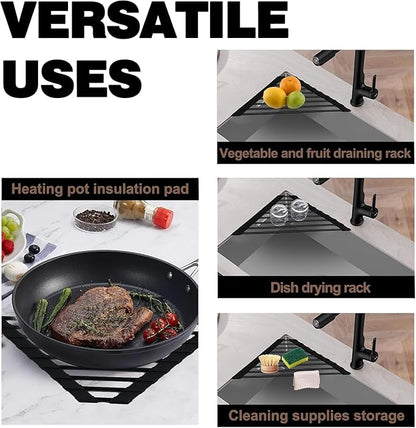 Mistifi Full Silicone-Coated Triangle Roll-Up Dish Drying Rack with Steel Core for Sink Corners – Multipurpose Over-The-Sink Kitchen Drainer & Space-Saving Organizer (Black)