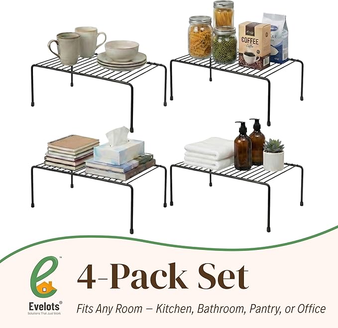Evelots Kitchen Cabinet Wire Shelf Organizer/Rack - 4 Pack Sturdy Metal Shelf Risers - Double Your Counter Space - Great for Kitchen, Freezer, Pantry and Bathroom - Rustproof - Black